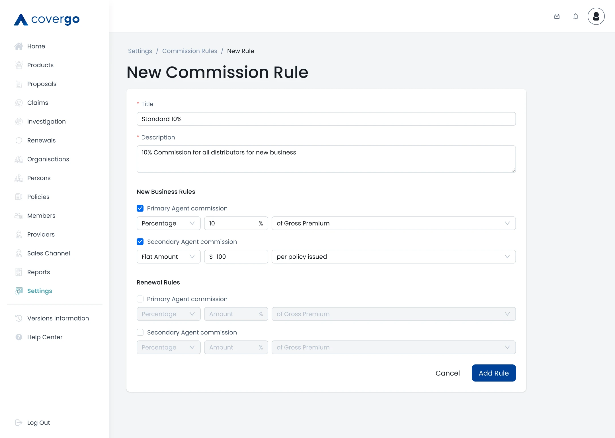 Create commission rule
